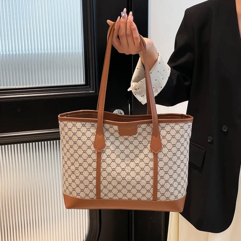 Retro Mode Monogram Bedrukte Shopper Dames PU Leder Street Trendy Grote Capaciteit Schoudertas Handtas