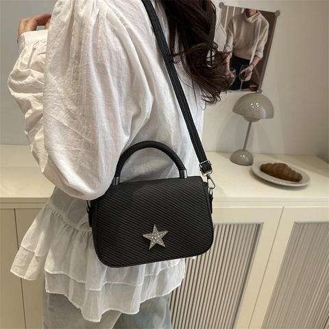 Borsa a Sella da Donna Design di Nicchia Moda Texture Intrecciata Borsa a Tracolla Con Decorazione a Stella in Strass Elegante Casual