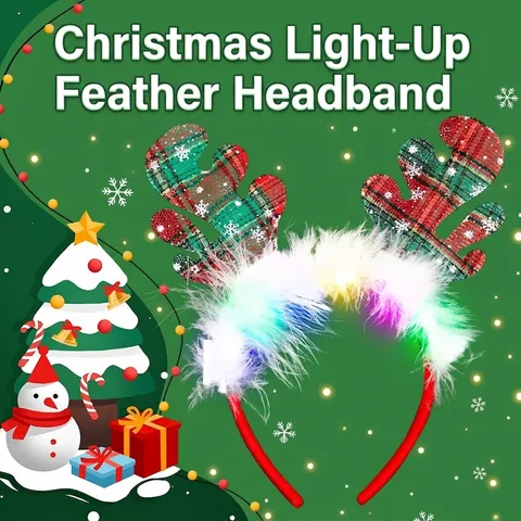 LED Christmas Headband Glowing Reindeer Antler Santa Claus Star Headpiece With Feathers Festive Party Decoration Gift For Adults Kids