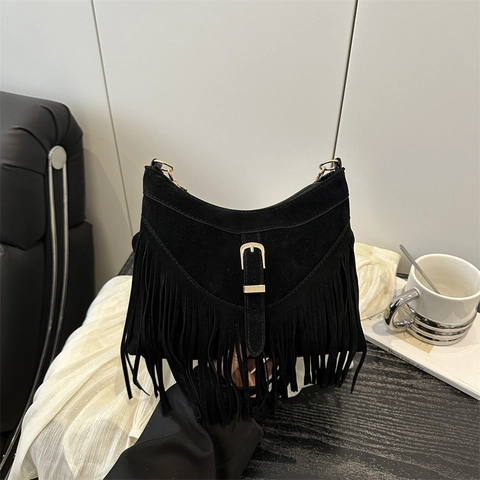 Borsa Tote da Donna in Pelle PU con Frange Vintage Bohemian Nappe Borsa a Spalla con Fibbia in Metallo Borsa a Tracolla Casual