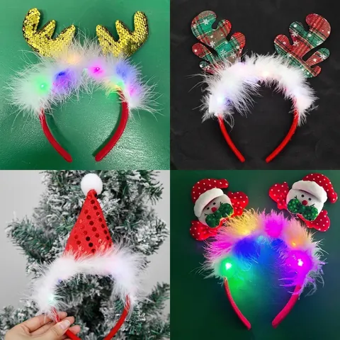 LED Glowing Christmas Headband With Feather Deer Antlers Santa Claus Christmas Tree Star Party Decoration Hair Accessories