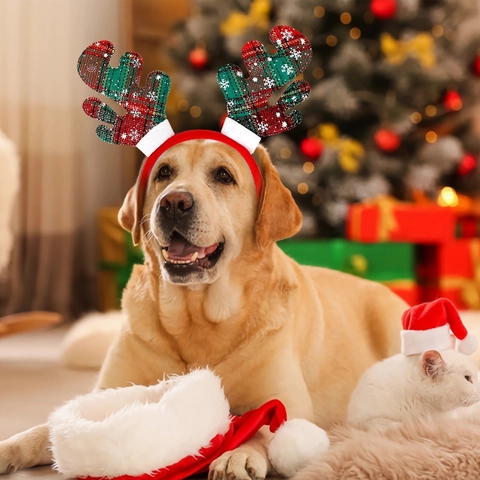 Cerchietti Natalizi Regolabili Per Animali Domestici Fiocco Di Neve Corna Cappello Babbo Natale Paillettes Accessori Per Capelli Cani Gatti