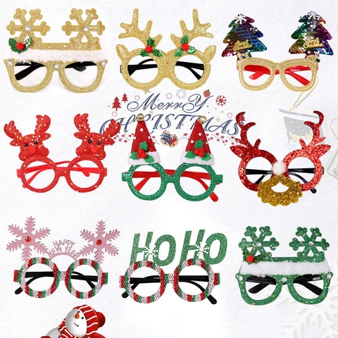 Christmas Cartoon Snowflake Santa Hat Glasses Frame Reindeer Antler Party Decoration Kids Adult Glitter Tree Accessories