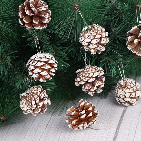 Natural Wood Christmas Pinecones With White Snow Effect Frosted Pinecone Hanging Ornaments For Christmas Tree DIY Crafts Decor