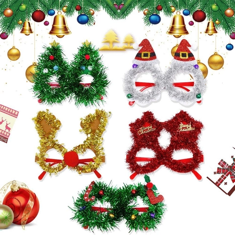 Christmas Party Decoration Glasses Tinsel Glitter Reindeer Christmas Tree Star Santa Hat Wreath Costume Eyewear Props Gift