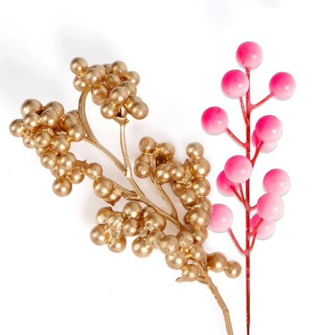 Artificial Christmas Berry Branches Gold Pink Metallic Gradient Foam Berry Stems For Xmas Tree Wreath DIY Holiday Home Decoration
