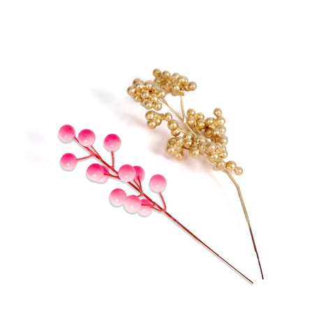 Artificial Christmas Berry Branches Gold Pink Metallic Gradient Foam Berry Stems For Xmas Tree Wreath DIY Holiday Home Decoration