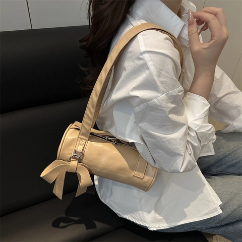 Bolso de Hombro Cilíndrico Minimalista Estilo Coreano para Mujer Cuero PU Lazo Bolso de Axila de Moda Color Sólido