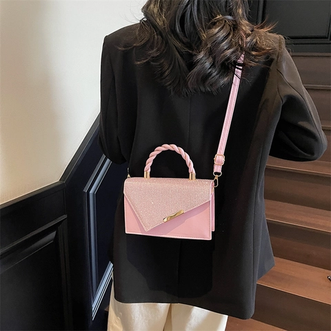 Fashion Women PU Leather Small Square Bag With Glitter Sequin Patchwork Twisted Handle Shoulder Crossbody Bag For Daily Party