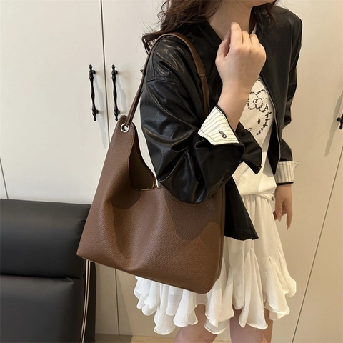Bolso de Mano de Gran Capacidad de Cuero PU con Patrón de Lichi para Mujer Casual Viaje Diario Bolso de Hombro Estilo Coreano Axila