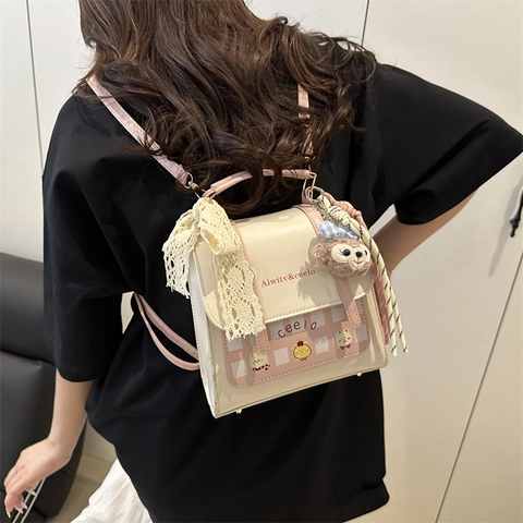 Mode Koreanisch Süß PU Leder Damen Mini Rucksack Nische Design Cartoon Druck Student Kleiner Tagesrucksack Mit Spitzenschleife