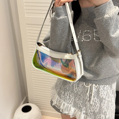 Vintage Women Fashion Holographic Transparent Shoulder Bag PU Leather Trim Chain Small Square Bag Y2K Crossbody Bag