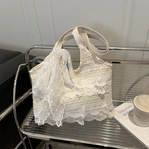 Damen Vintage Spitze Tragetasche Große Kapazität Hohl Blumen Schultertasche Mit Schleifenanhänger Sommer Strandtasche Elegante Handtasche