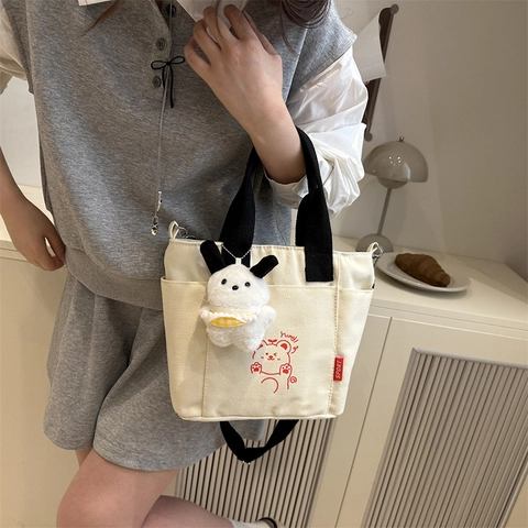 Women Casual Canvas Crossbody Bag Cartoon Bear Print Color Block Handbag Lightweight Tote With Adjustable Shoulder Strap