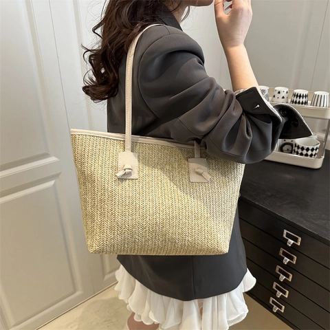 Women Fashion Straw Woven Tote Bag Summer Casual Large Capacity Shoulder Bag With Faux Leather Handle Solid Color Beach Vacation Handbag