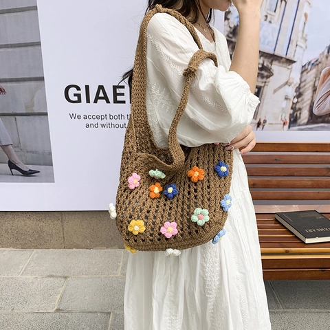Borsa a Tracolla con Fiori all'Uncinetto Fatta a Mano per Donna Borsa Sottobraccio Intrecciata Estiva Borsa Shopping da Spiaggia