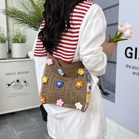 Handgehäkelte Blumen Umhängetasche Böhmische Gewebte Tragetasche Für Damen Sommer Nische Design Blumenmuster Handtasche Urlaub Geschenk