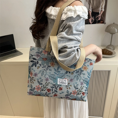 Vintage Floral Jacquard Leinwand Tragetasche Große Kapazität Leichte Schulterhandtasche Für Damen Täglich Einkaufen Mode Reise
