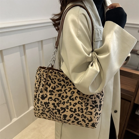 Leopardenmuster Große Kapazität Tragetasche Für Damen PU Leder Kettengurt Umhängetasche Mode Trendy Casual Pendeln Handtasche