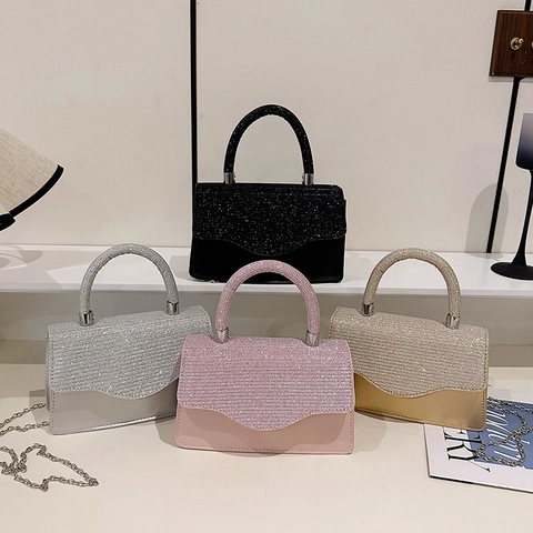 Sac à Épaule Pailleté Strass pour Femme Élégant Sac Bandoulière Chaîne de Soirée Petit Sac à Main Carré avec Poignée