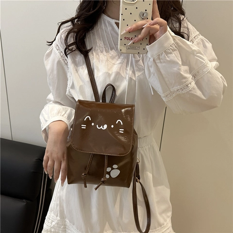 Mini Mochila para Mujer Lindo Patrón de Cara de Gato Cuero PU Solapa Cordón Chic Moda Pequeña Casual Bolso de Hombro