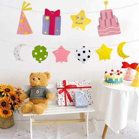 Bannière Joyeux Anniversaire en Feutre Guirlande Suspendue Colorée Ballon Étoile Cœur Décoration Pour Fête Anniversaire Enfants