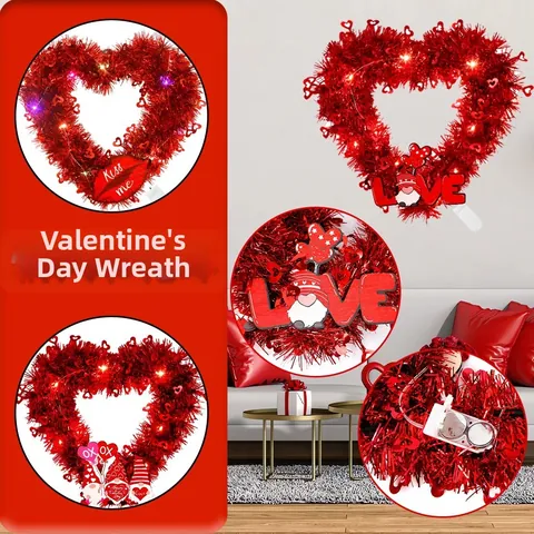 Valentine's Day Heart Wreath Red Tinsel Garland With LED Lights Dwarf Lip Hanging Decoration For Wedding Party Home Decor