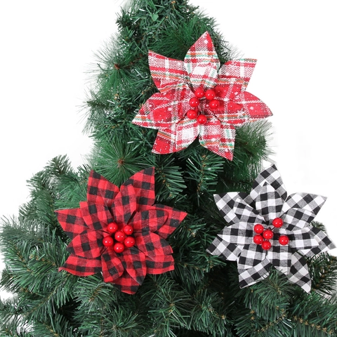 Weihnachten Karomuster Stoff Künstliche Weihnachtsstern Blumen Ornamente Mit Roten Beeren Für Weihnachtsbaum Girlande Deko