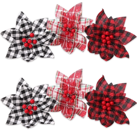 Weihnachten Karomuster Stoff Künstliche Weihnachtsstern Blumen Ornamente Mit Roten Beeren Für Weihnachtsbaum Girlande Deko