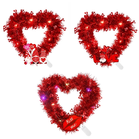 Valentinstag Herz Kranz Rote Lametta Girlande Mit LED Lichter Zwerg Lippe Hängende Dekoration Für Hochzeit Party Haus Deko