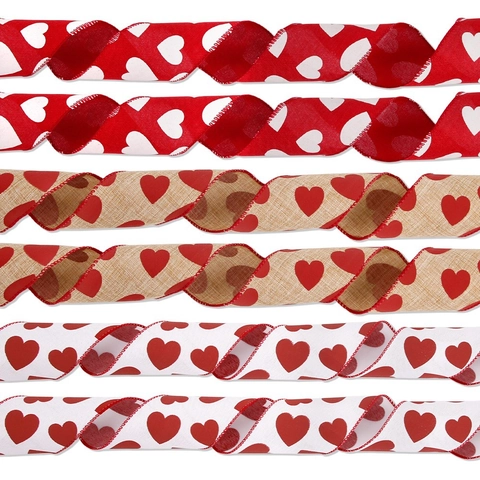 Nastro in Finto Lino con Stampa a Cuore di San Valentino per Confezioni Regalo Festa Rosso Bianco Iuta Bordo Cucito
