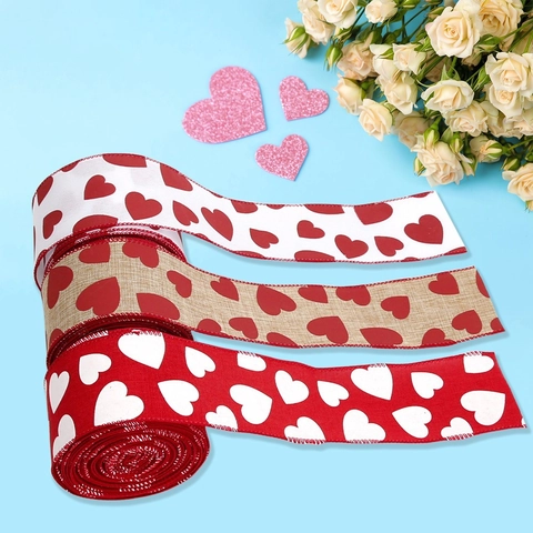 Nastro in Finto Lino con Stampa a Cuore di San Valentino per Confezioni Regalo Festa Rosso Bianco Iuta Bordo Cucito