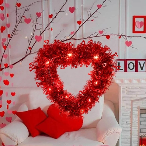 Corona de Oropel de Corazón de San Valentín Con Luces LED Romántica Guirnalda de Corazón de Lentejuelas Roja Rosa para Boda Fiesta Hogar
