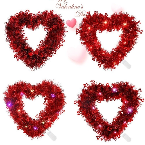 Corona de Oropel de Corazón de San Valentín Con Luces LED Romántica Guirnalda de Corazón de Lentejuelas Roja Rosa para Boda Fiesta Hogar