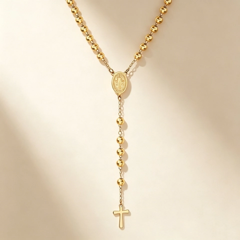 Rozenkrans Ketting Van Roestvrij Staal Met Kruis hanger En Religieuze Medaille Bolletjesketting Sieraden