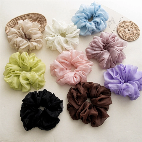 Large Chiffon Scrunchies Solid Color High Elasticity Translucent Organza Hair Ties For Women Simple Elegant Fashion