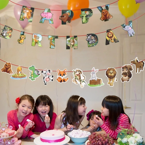 Dschungel Tier Happy Birthday Banner Cartoon Waldtier Girlande Für Kinder Geburtstag Party Dekorationen Hängen Bunting Flaggen
