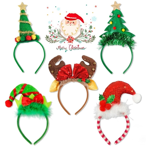 Christmas Sequin Headband Reindeer Antler Santa Hat Elf Hat Tree Hair Hoop Holiday Party Decoration For Kids Adults
