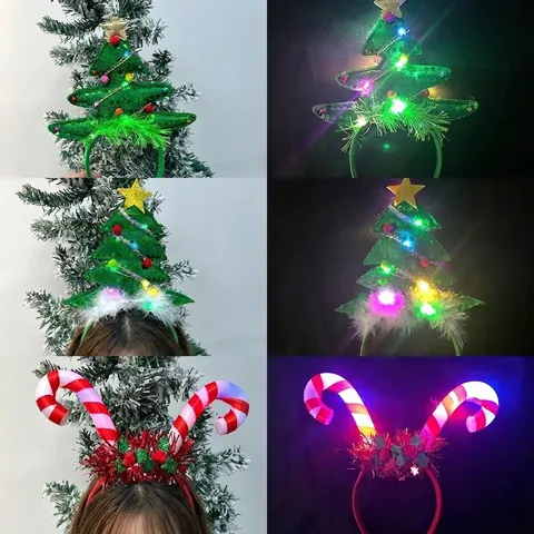 Cerchietto Natalizio LED Luminoso Stella Albero di Natale Bastoncino di Zucchero Cerchietto per Capelli per Festa di Natale Bambini Donna