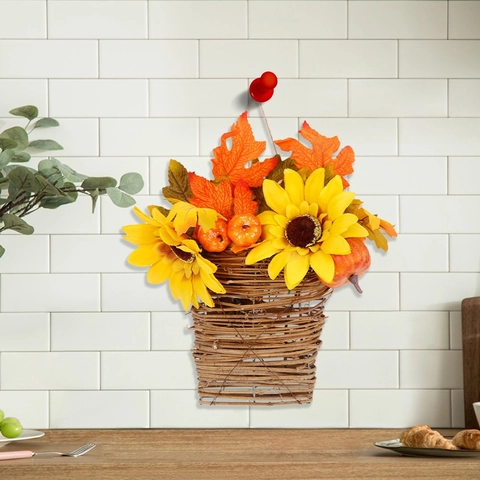 Cesto Appeso del Raccolto del Ringraziamento Con Girasole Foglie di Acero Zucca Decorazione da Parete in Vite di Legno