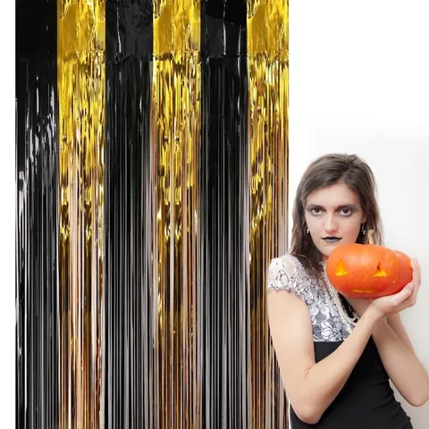Halloween Foil Fringe Curtain Metallic Spliced Color Party Backdrop Tinsel Door Curtain For Festive Decoration Photo Booth