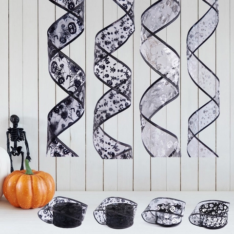 Nastro in Maglia di Halloween con Stampa a Caldo Zucca Teschio Ragnatela DIY Decorazione per Feste Confezione Regalo Gotico