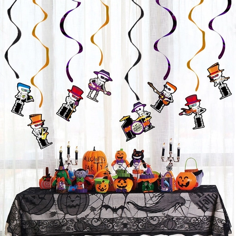 Decorazioni a Spirale Appese di Halloween Musicista Scheletro Cartone Animato in PVC Carta per Festa Bar Casa Interno Esterno