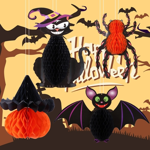 Halloween 3D Papier Wabe Hängende Dekoration Spinne Kürbis Fledermaus Schwarze Katze Hexe Anhänger Für Party Requisiten