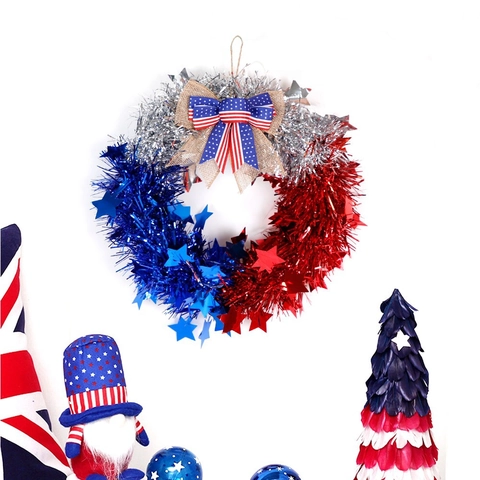 Patriotic Independence Day Wreath Red White Blue Tinsel Garland With Burlap Bow Stars For 4th July Front Door Party Decor