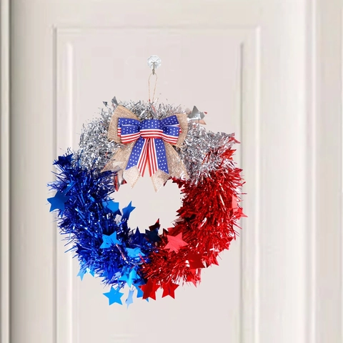 Ghirlanda Patriottica Giorno dell'Indipendenza Rosso Bianco Blu Fringuello con Fiocco in Iuta e Stelle per Decorazione Porta 4 Luglio