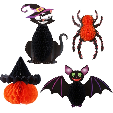 Halloween Hanging Decorations Honeycomb Paper Ornaments Spider Bat Pumpkin Witch Party Props