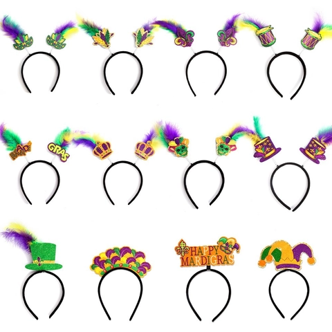 Cerchietti per Capelli Mardi Gras Con Piuma Artificiale Paillettes Corona Cappello da Giullare per Carnevale Accessori Viola Verde Oro