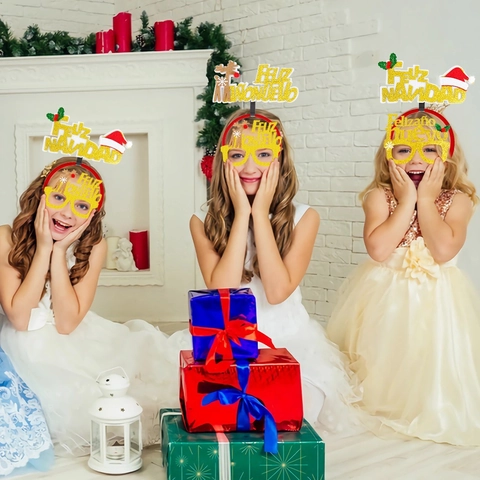 Spanische Weihnachten Neujahr Glitzer Brillen Stirnband Feliz Navidad Feiertag Party Dekoration Rentier Weihnachtsmann Hut Design