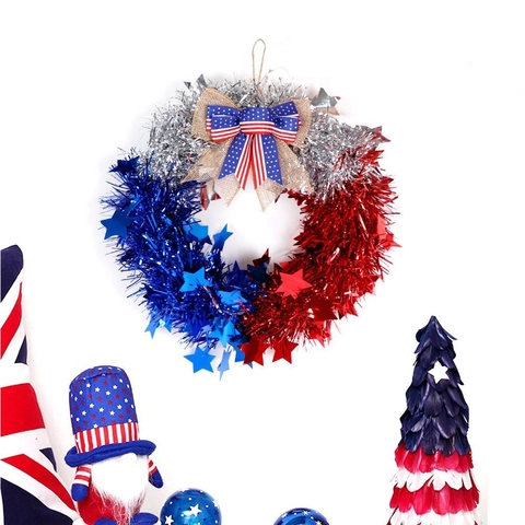 Ghirlanda Patriottica Giorno dell'Indipendenza Rosso Bianco Blu Fringuello con Fiocco in Iuta e Stelle per Decorazione Porta 4 Luglio